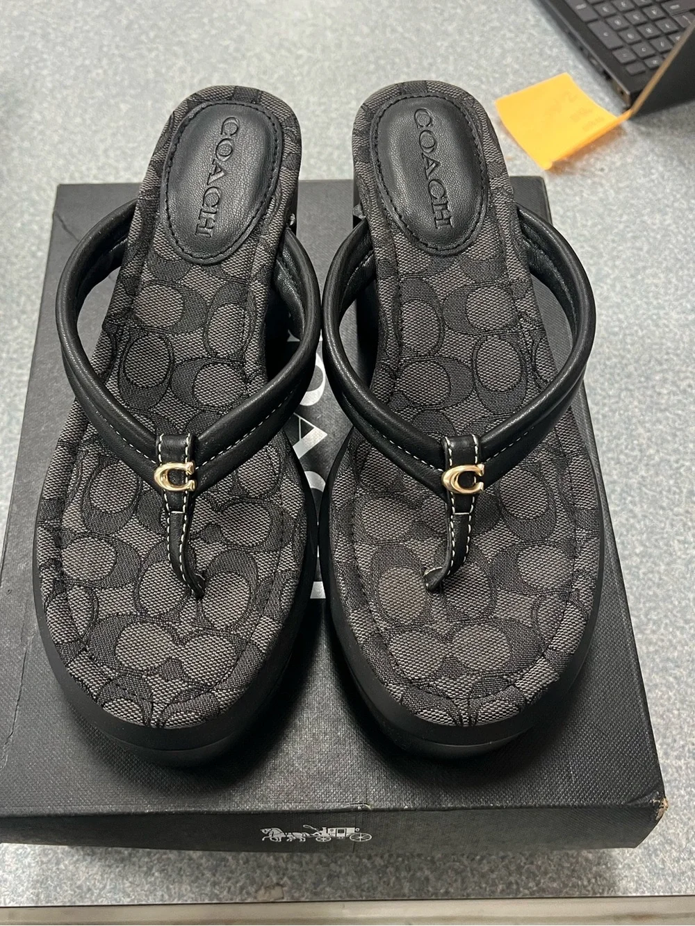 Coach Franki Platform Wedge Flip Flops Black Size 9.0 B NWT